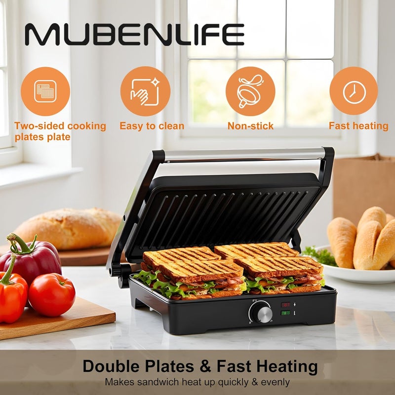 MUBENLIFE آلة بانيني، جهاز ضغط السندويشات، مفتوح بزاوية 180 درجة، مثالي لشواء السندويشات، الستيك، البرجر، شواية غير لاصقة، شواية طاولة، من الفولاذ المقاوم للصدأ، قابل لضبط درجة الحرارة، 4 شرائح، باربكيو، GT49A - Image 2
